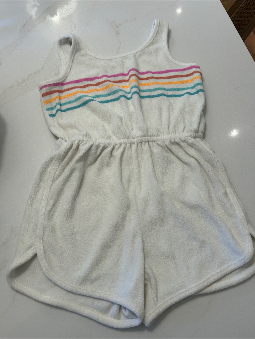 SO size S White Terry Romper with Rainbow Stripes